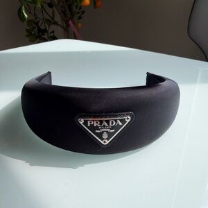 Prada Black Satin Padded Headband with Logo Tag